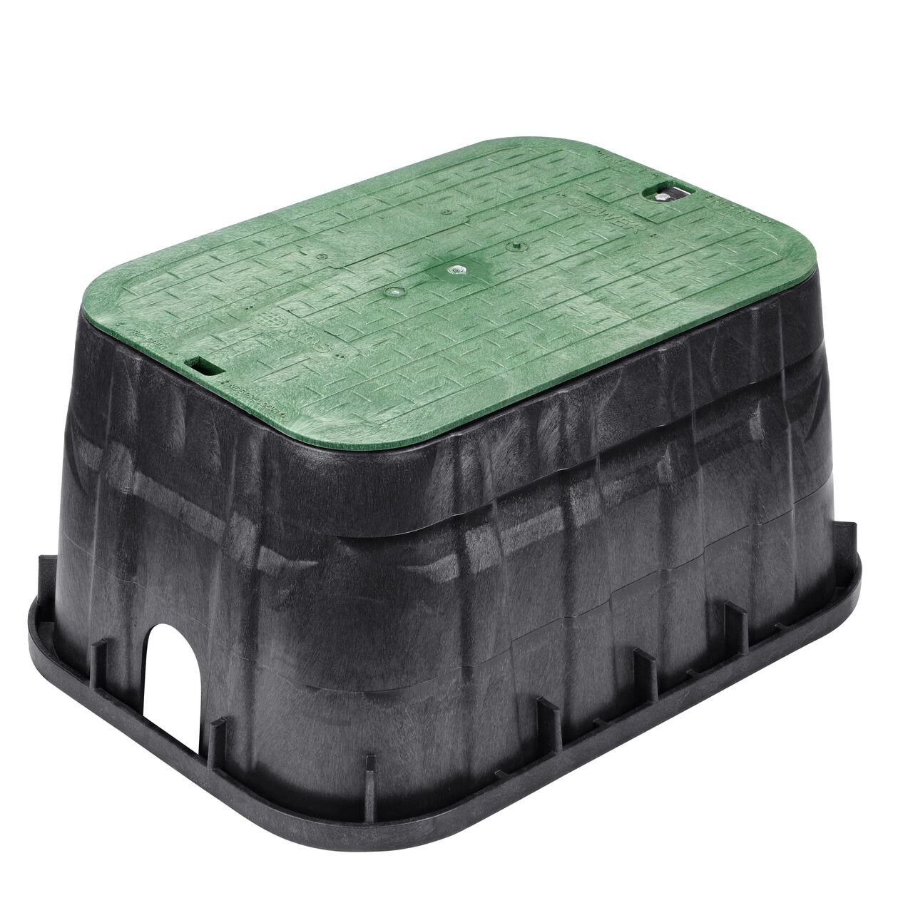 The NDS 13 in. X 20 in. Rectangular Pro-Spec® Series Valve Box and Cover with Bolt is a 12-5/8 in. high Black Box and Green Cover with Sewer markings on the lid (NDS 317BCBS) and protects underground irrigation and sprinkler system components and keeps them out of sight
