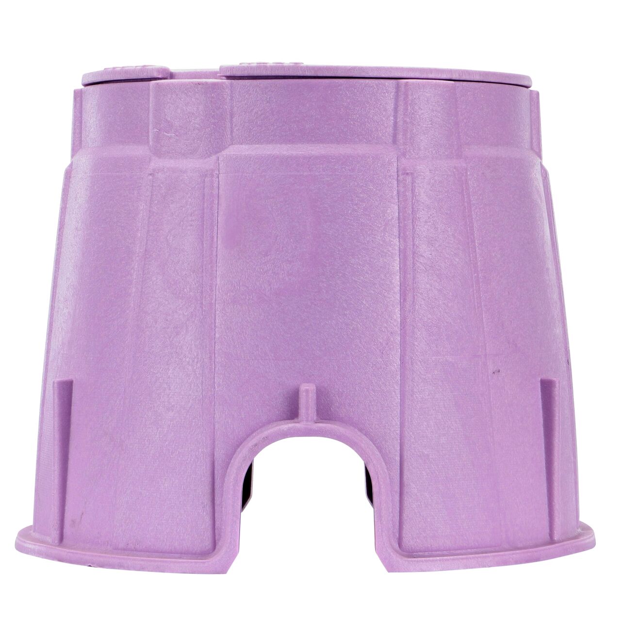 Side view of the shorter width side of the NDS 10 in. Round Pro-Spec® Series Valve Box & Reclaimed Water Cover (NDS 312PBCBR) rugged enclosure that features a pipe hole for water and irrigation pipe connections