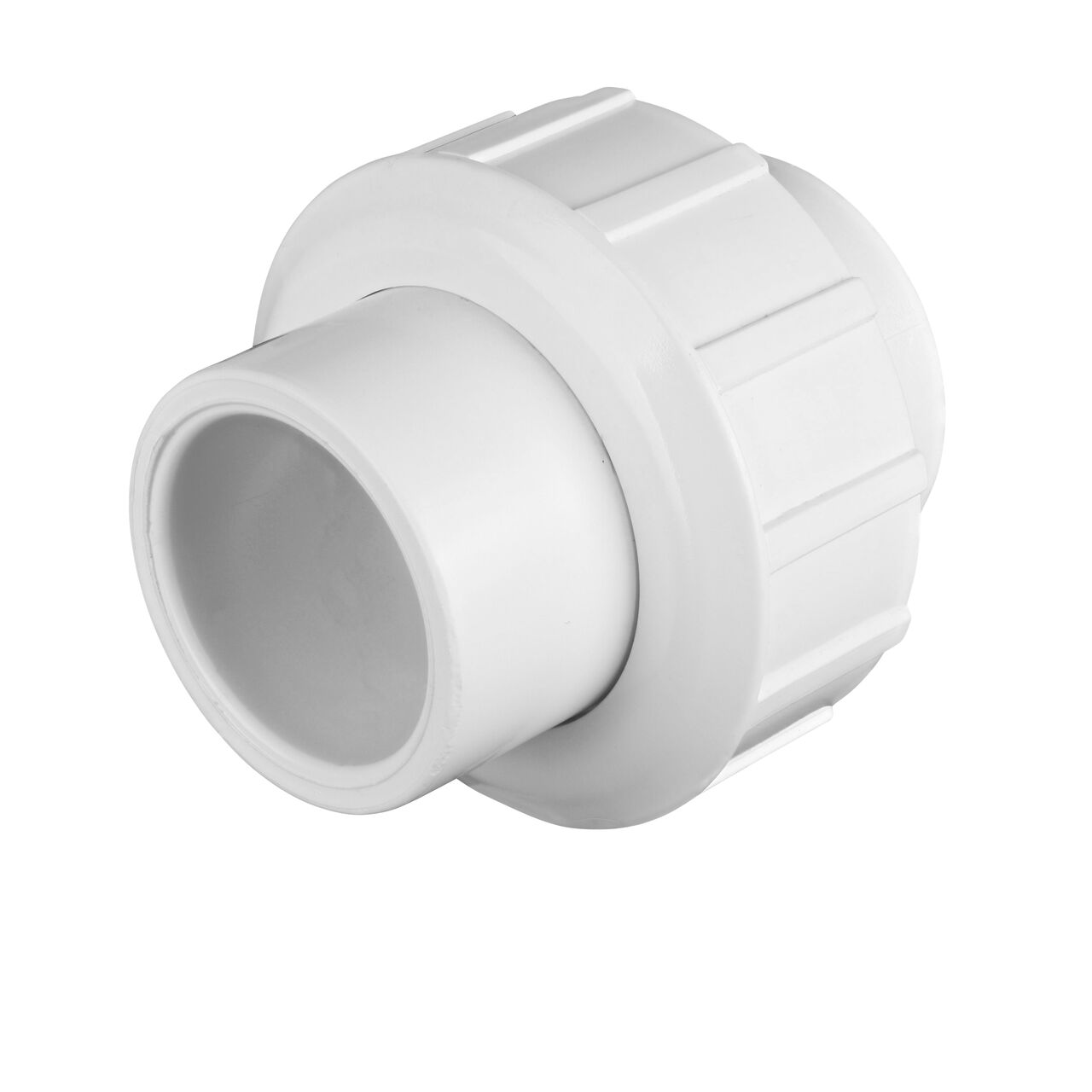 One end of the PVC Union, 1 in. Sch. 40 S X S which connects two 1 in. Sch. 40 pipes together to allow water to flow through while preventing leaks (NDS WU-1000-S)