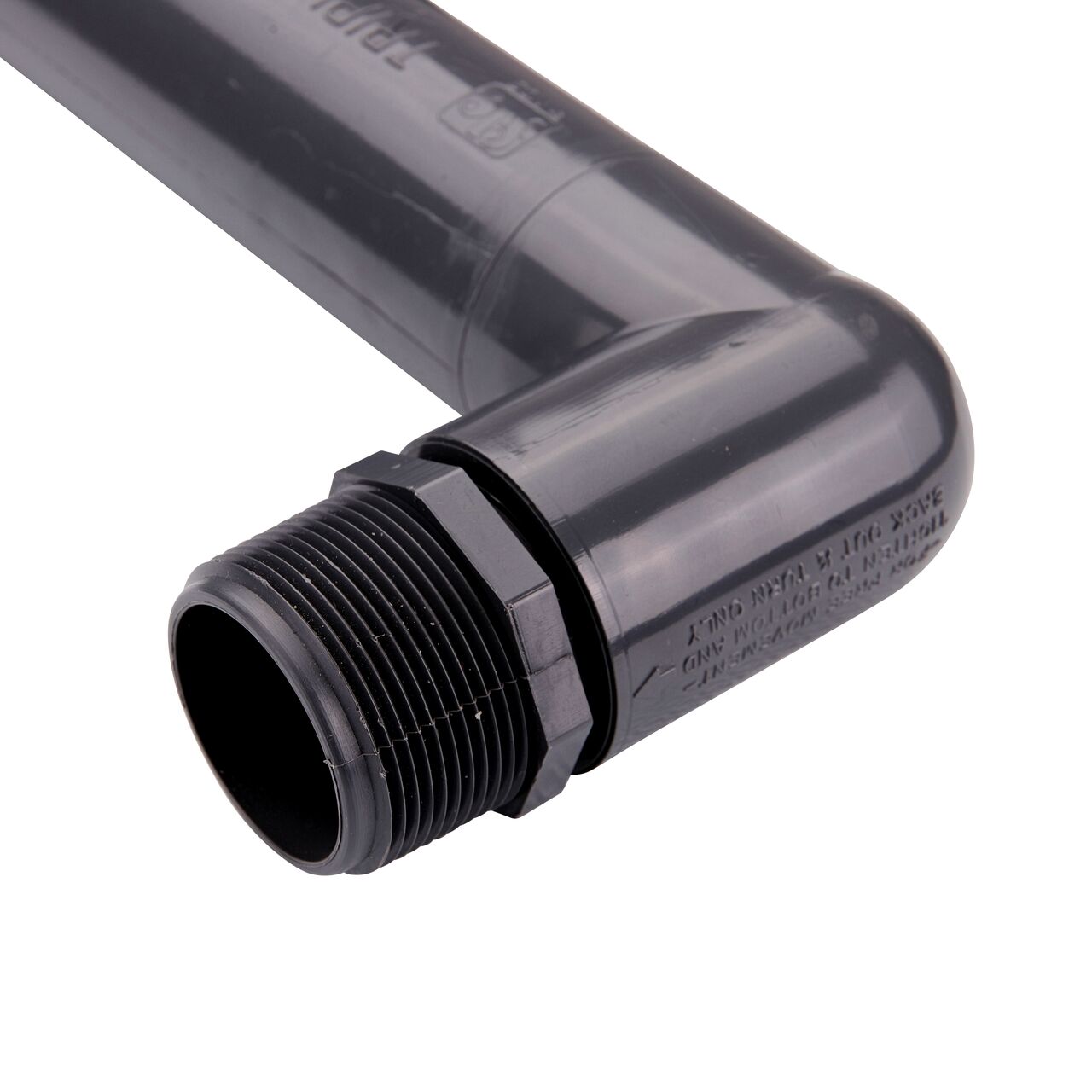 Closeup view of the 1-1/2 in. MPT end on NDS PVC Triple Swing Joints Assembly that connects to the FPT sprinkler connection point perfect for landscape sprinkler installation (NDS TSA-1500-TT)