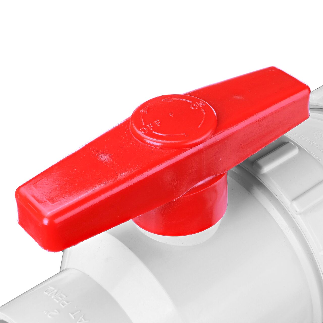 Closeup of the handle of the NDS White 2 in. IPS U X S Checkmate PVC Swing Check and Ball Valve Combination (NDS 2200-20)