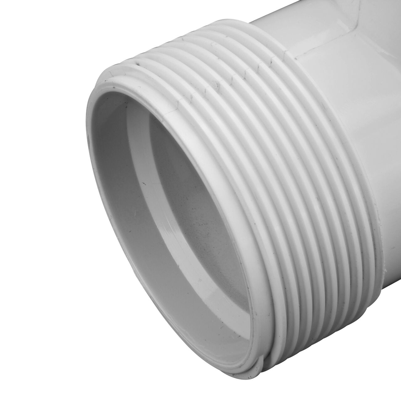 Closeup view of the NDS PVC Threaded Tees showing the compression end with 1-1/4 in. adjustable nuts removed and once installed provides a leak resistant connection (NDS CPT-1250-T)