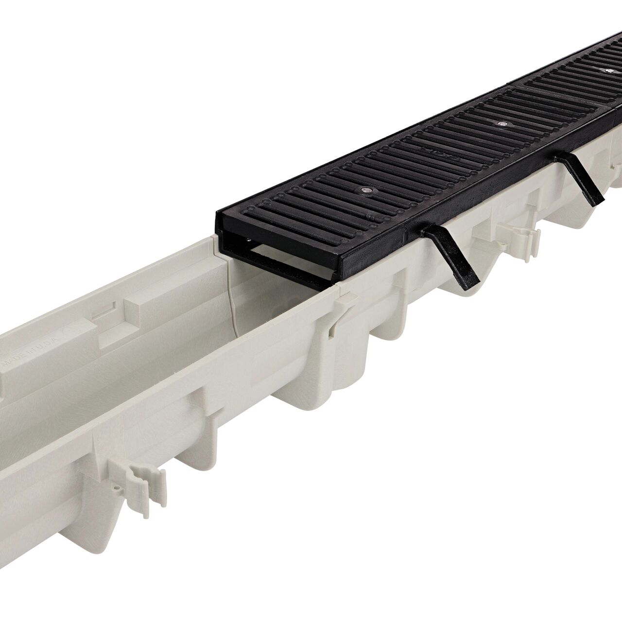 Continue to install the Dura Slope™ Channel Drain Frame (NDS DS-200H) with the Dura Slope Phillips Pan Head Screws (NDS DS-123) first on the NDS Dura Slope Channel Drain (NDS DS-091), then add the Cast Iron Dura Slope Channel Drain Grate (NDS DS-231) with the Dura Slope Spanner Head Screws (NDS DS-650) to secure the channel drain system