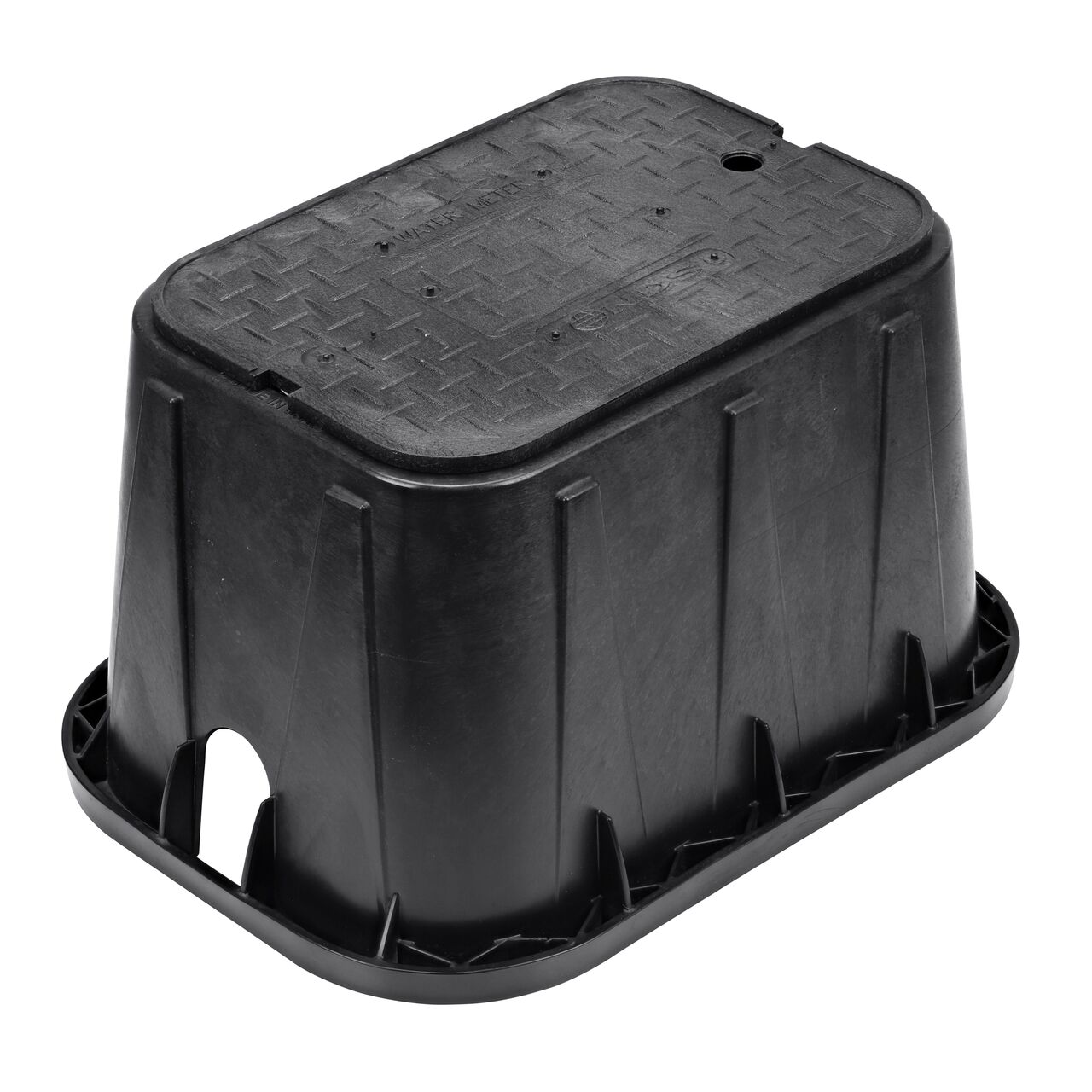 The NDS 14 in. X 19 in. Rectangular Standard Series Meter Box and Cover is a 12 in. high Black Box and Black Cover with Water Meter markings on the Overlapping lid (NDS D1200-OLSB) and protects underground irrigation and sprinkler system components and keeps them out of sight