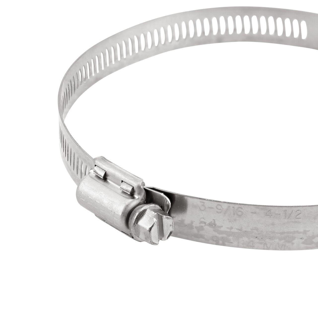 Closeup view of the NDS SAE 64 Worm Drive Hose Clamp with Aero Seal 1/2 in. band width (NDS 64064H) with a 5/16 in. 410 Stainless Steel hex screw; tighten to 30-45 in. lbs. torque to close