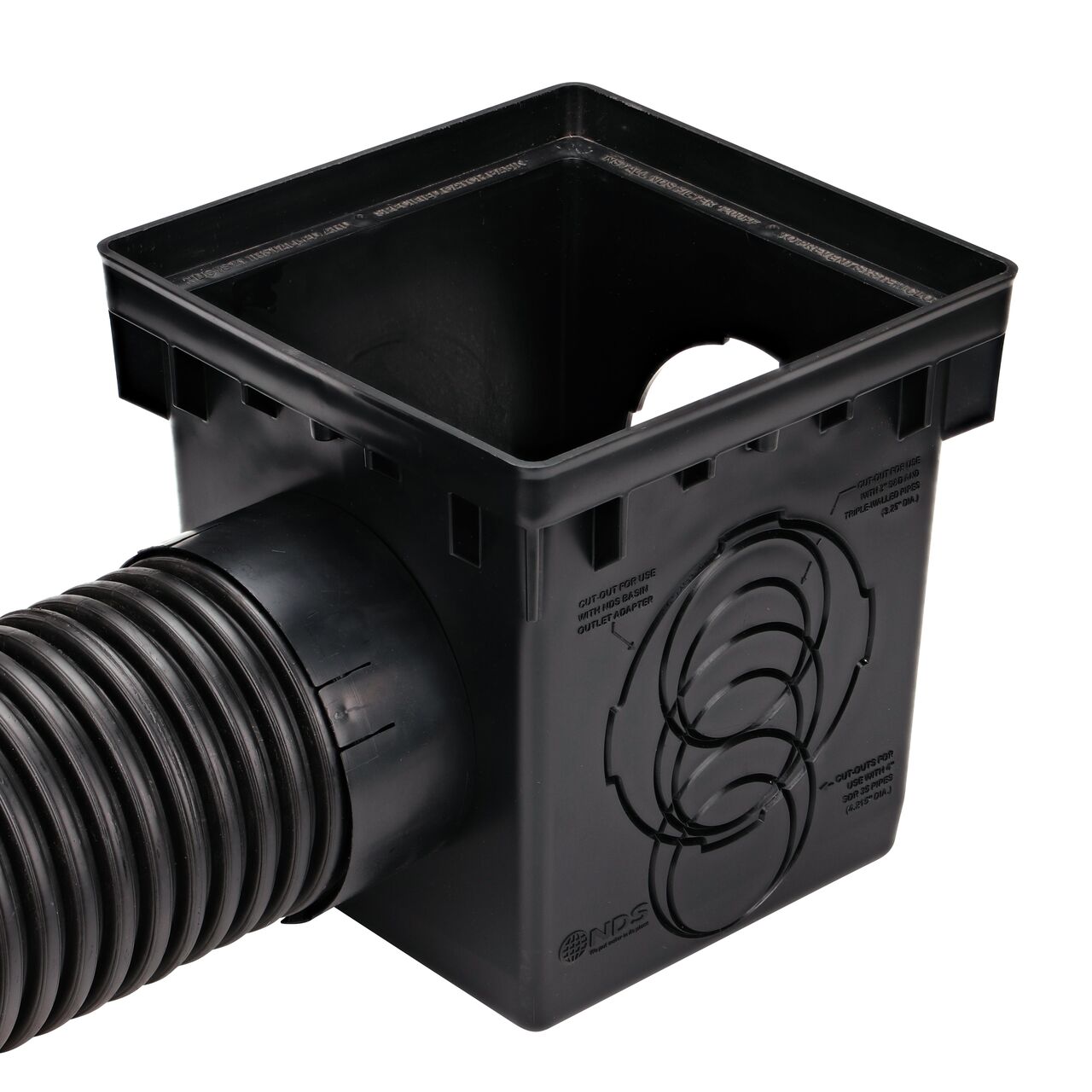 Outlet adapter for 6 in. pipe (NDS 1266) on a 12 in. Catch Basin Drain (NDS 1200) with 6 in. corrugated pipe