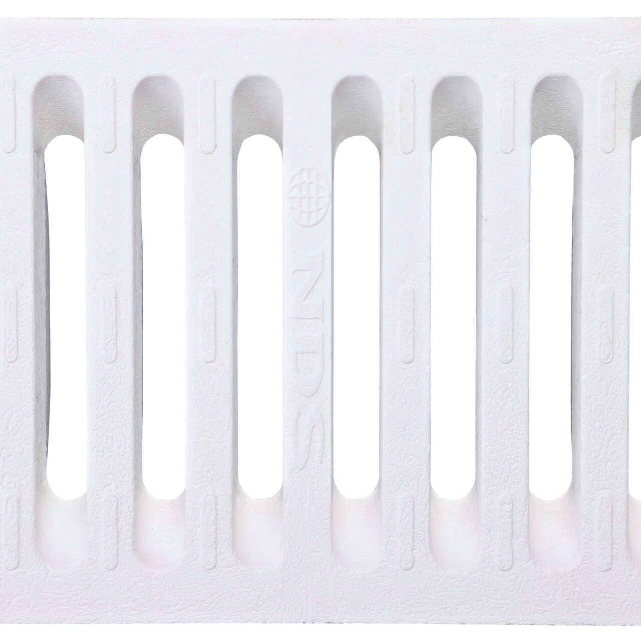 Top Down View of the white Plastic Dura Slope™ Channel Drain Grate (NDS 660) perforated design