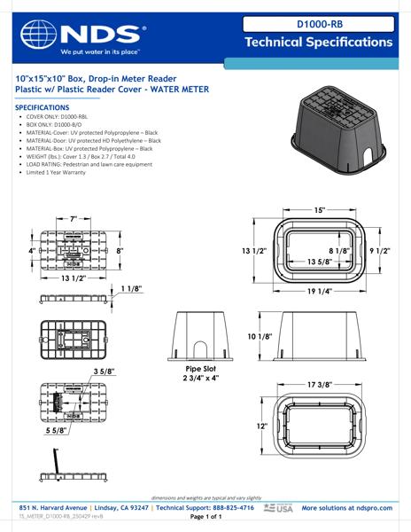 NDS 10 in. X 15 in. Rectangular D1000 Meter Box and Drop-in Cover, 10 in. Height, Black Box, Black Water Meter Cover with Plastic Reader Tech Spec