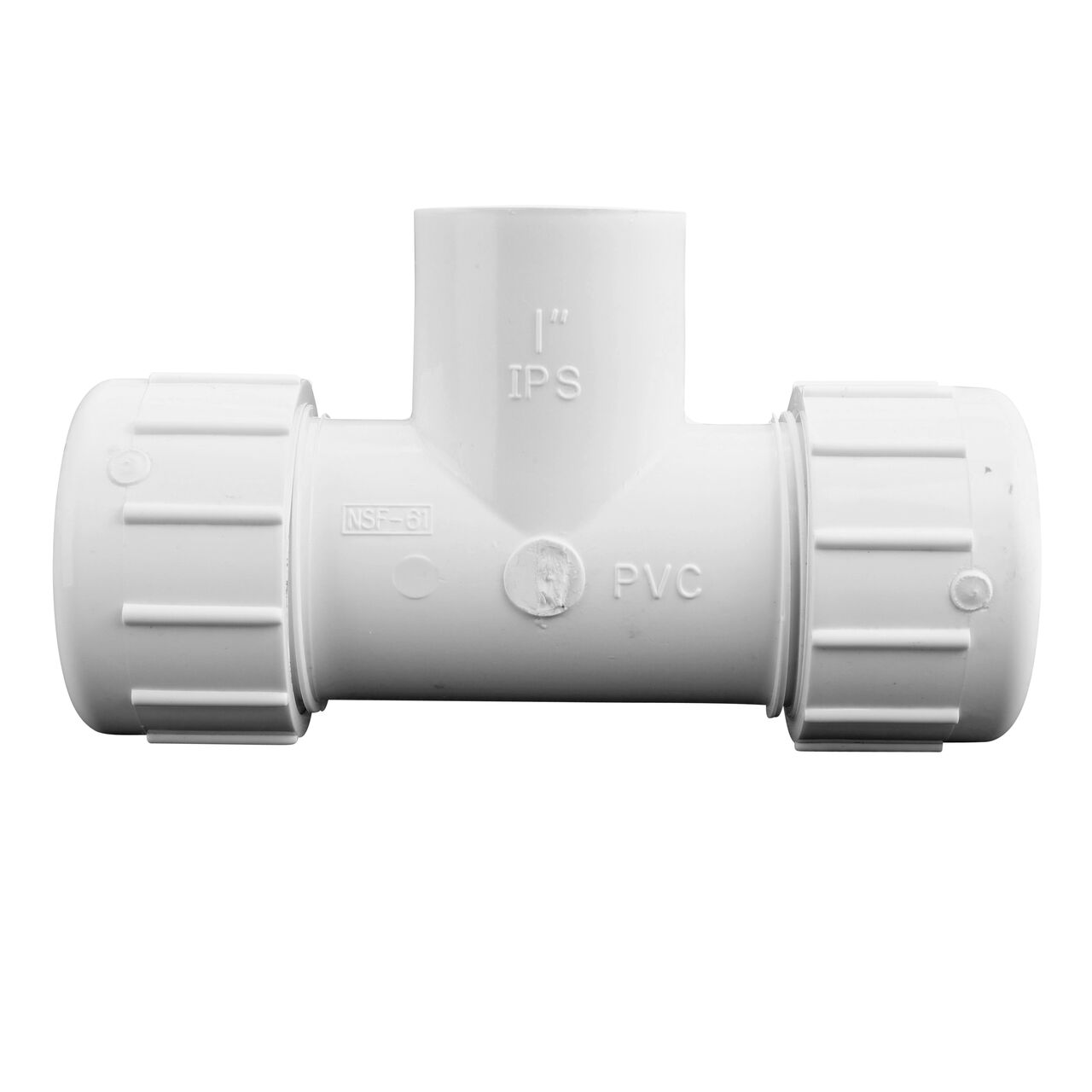 The NDS PVC Threaded Tees has adjustable nut on each compression end that connect onto 1 in. IPS pipe ends and one FPT end that threads onto a 1 in. IPS MPT pipe end to provide a corrosion-free connection (NDS CPT-1000-T)