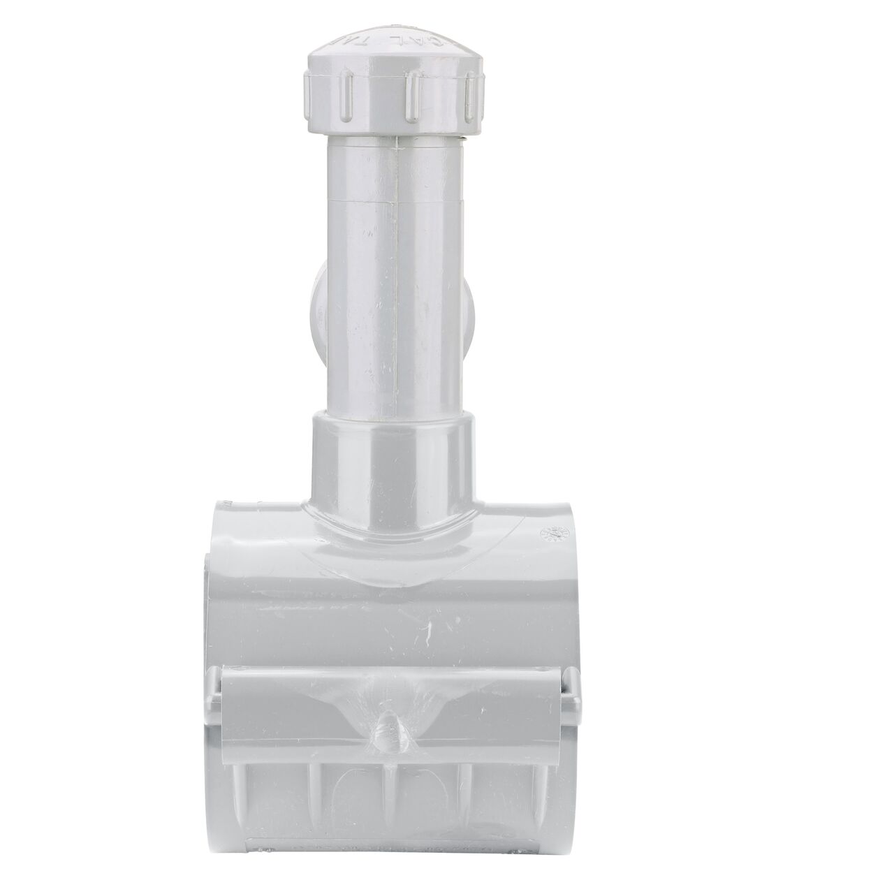 Side view showing hinged side of the 4 in. NDS Flo-Tap™ Rigid PVC Saddle with a 1-1/2 in. Socket or 2 in. spigot connection on top (NDS 3240)