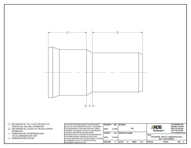 4" Adapter - N-12 Dual Wall Bell x SCH 40 Spigot Nyloplast Detail