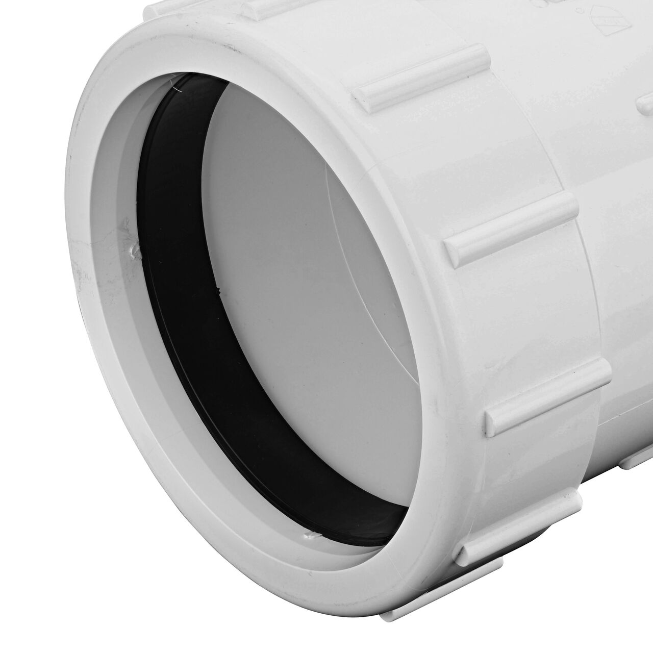 Closeup view of the NDS IPS UC Compression Coupling showing the 6 in. compression end with adjustable nut secured which reduces pull-out from pipe (NDS CPC-6000)