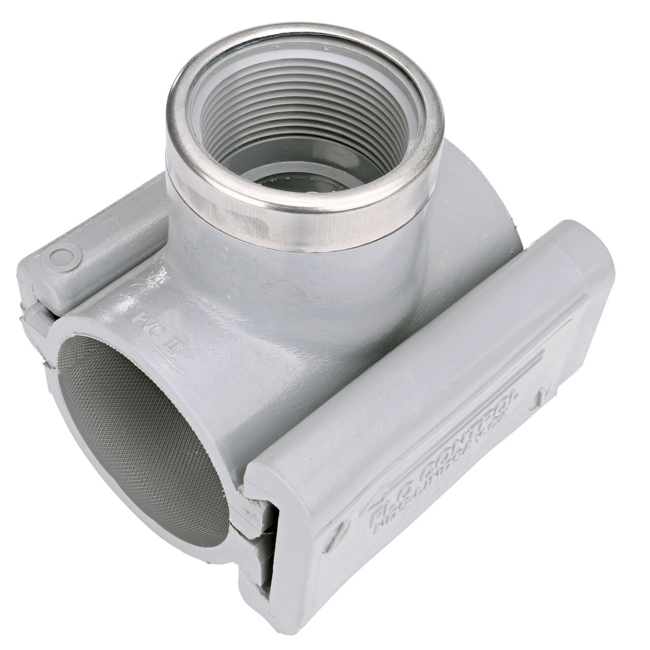 The 1-1/2 in. FPT outlet at the top of the NDS Clamp-It™ Rigid PVC Saddle (NDS 422015) for 2 in. PVC pipe adds a riser or sprinkler to an existing pipeline for agricultural or mining applications