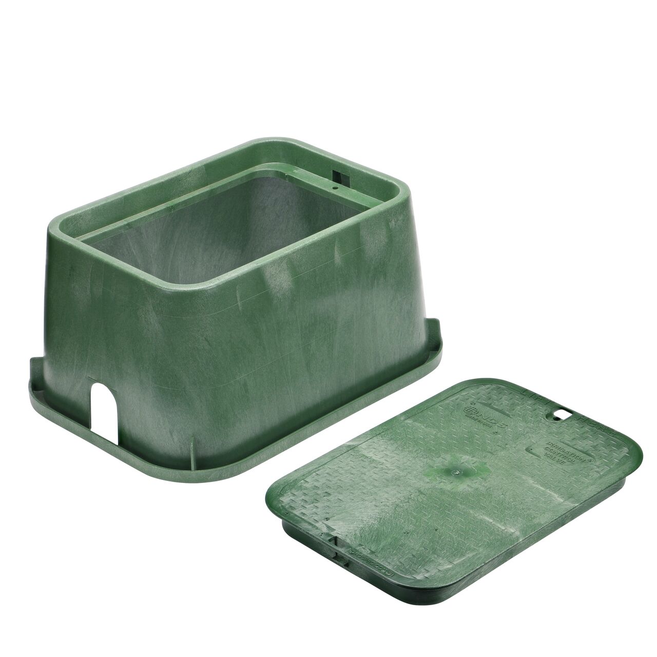 Unassembled View of the NDS 13 in. X 20 in. Green Rectangular Standard Series valve box and Green Irrigation Control Valve overlapping cover (NDS 118BC)