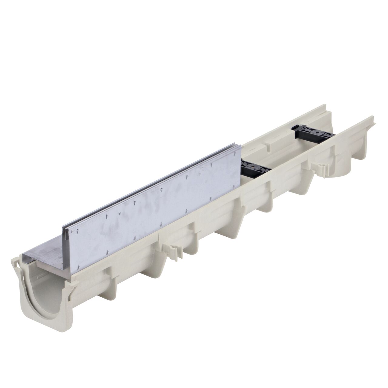 The other side of the NDS Dura Slope stainless steel slot top channel drain grate (NDS DS-SS-ST500) installed on a Dura Slope Channel Drain (NDS DS-091)