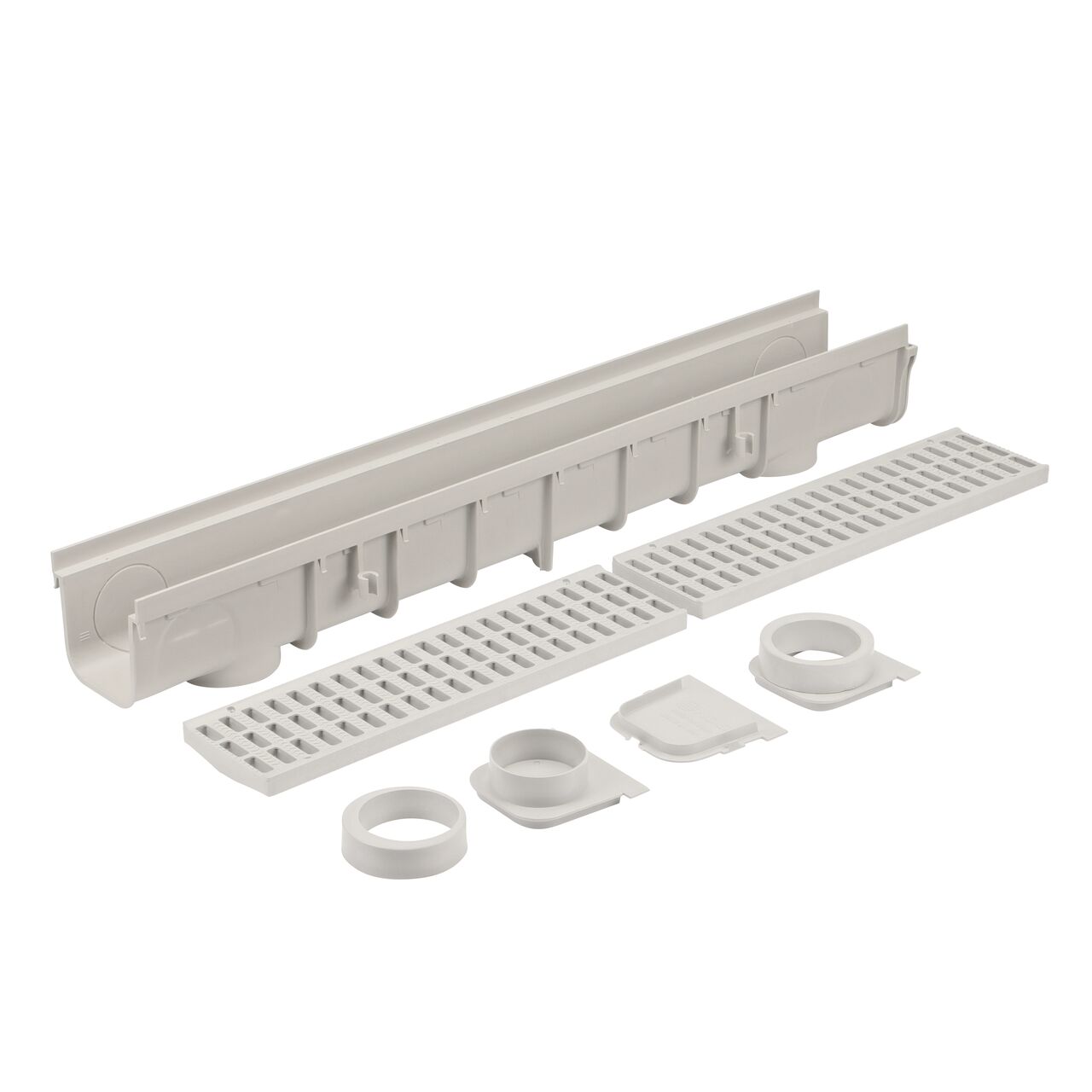 NDS 5 in. Pro Series Channel Drain Kit unassembled, with Channel Drain, 2 Plastic Drain Grates, End Cap/Outlet, and End Cap (NDS 864G*, NDS M864G, NDS 800, NDS 814, NDS 813, NDS 812)