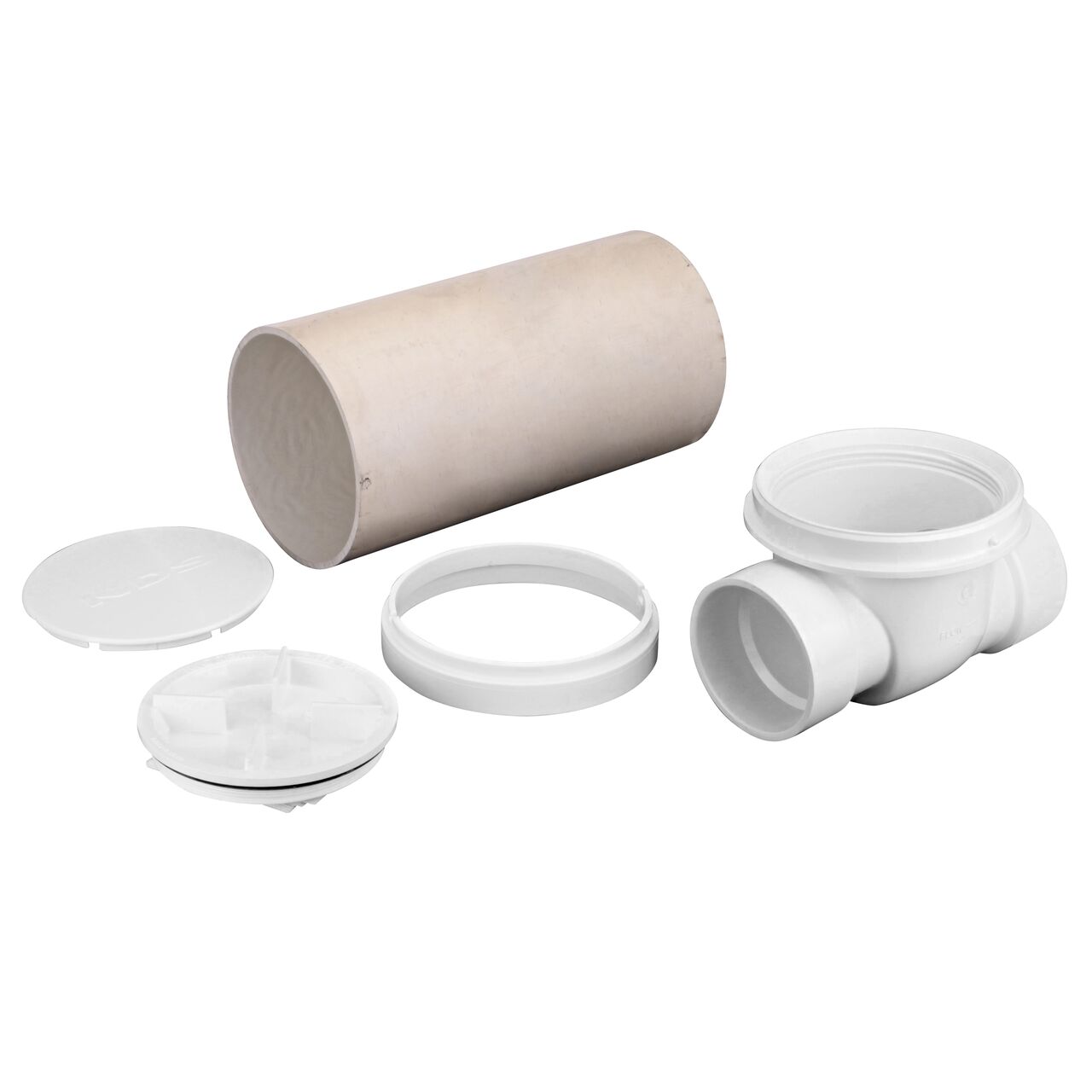 Unassembled view showing all parts in the NDS 4 in. White PVC Backwater Valve with Riser and Cover (NDS 475PR)