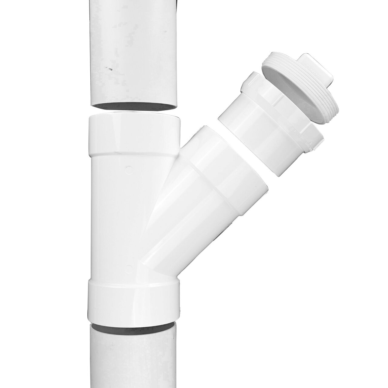 Exploded view of the 4 in. PVC Sewer and Drain 45° Wye (NDS 4P08C*, NDS 4P08*, NDS 4P08) and a 4 in. PVC S&D Female Fitting Cleanout Adapter and 4 in. MPT PVC S&D Cleanout Plug