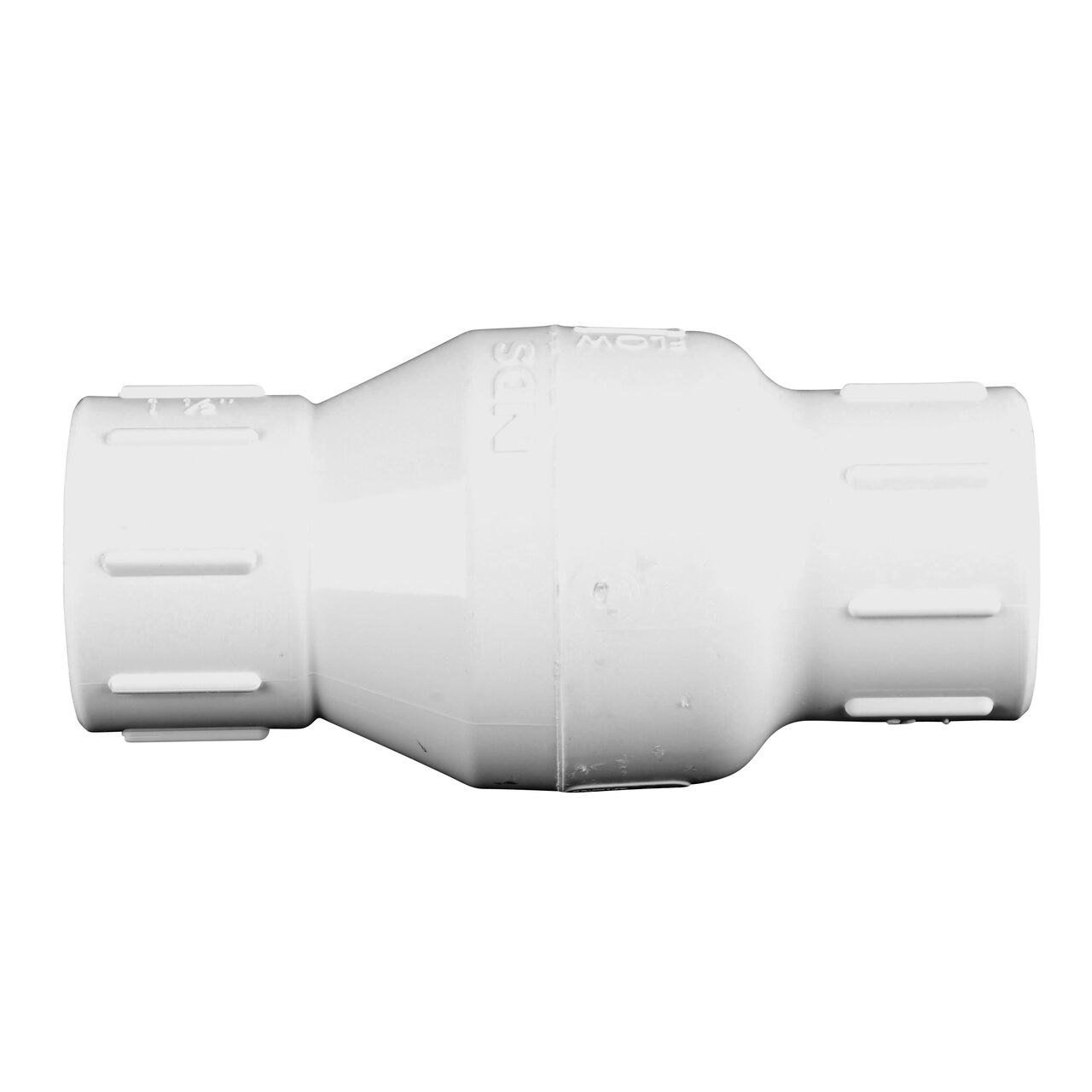 Side to side view of the NDS White 1-1/2 in. slip end by slip end PVC Spring Check Valve (NDS 1011-15, NDS 1012-15)