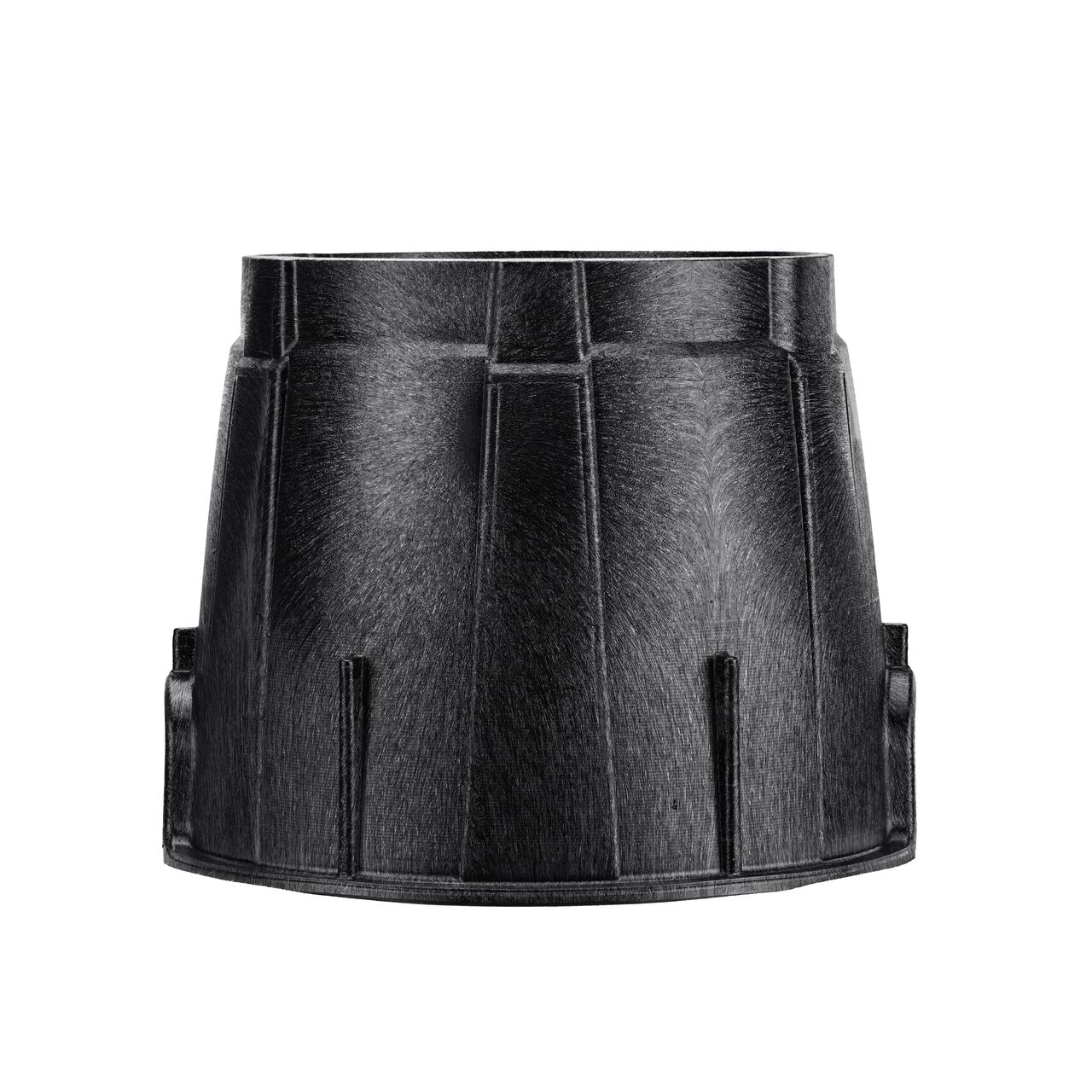 Side view of the non-pipe hole side on the NDS Black plastic 10 in. Round Pro-Spec® Series Valve Box (NDS 311B) showing durability through the reinforced ribs and edging