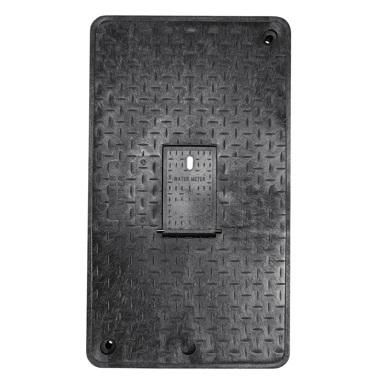 Top down view of the top side of the Black Water Meter cover for the NDS 17 in. X 30 in. Rectangular Standard Series Meter Box (NDS 124BCDMB) showing the Black Water Meter markings and Plastic reader door with Bolt