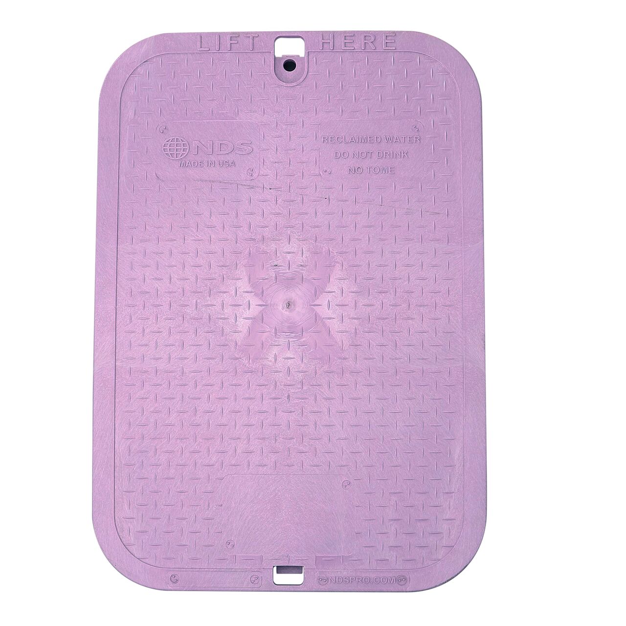 Top down view of the top side of the Purple Reclaimed Water cover for the NDS 13 in. X 20 in. Rectangular Standard Series Jumbo Valve Box (NDS 117PBCR) showing the Purple Reclaimed Water markings