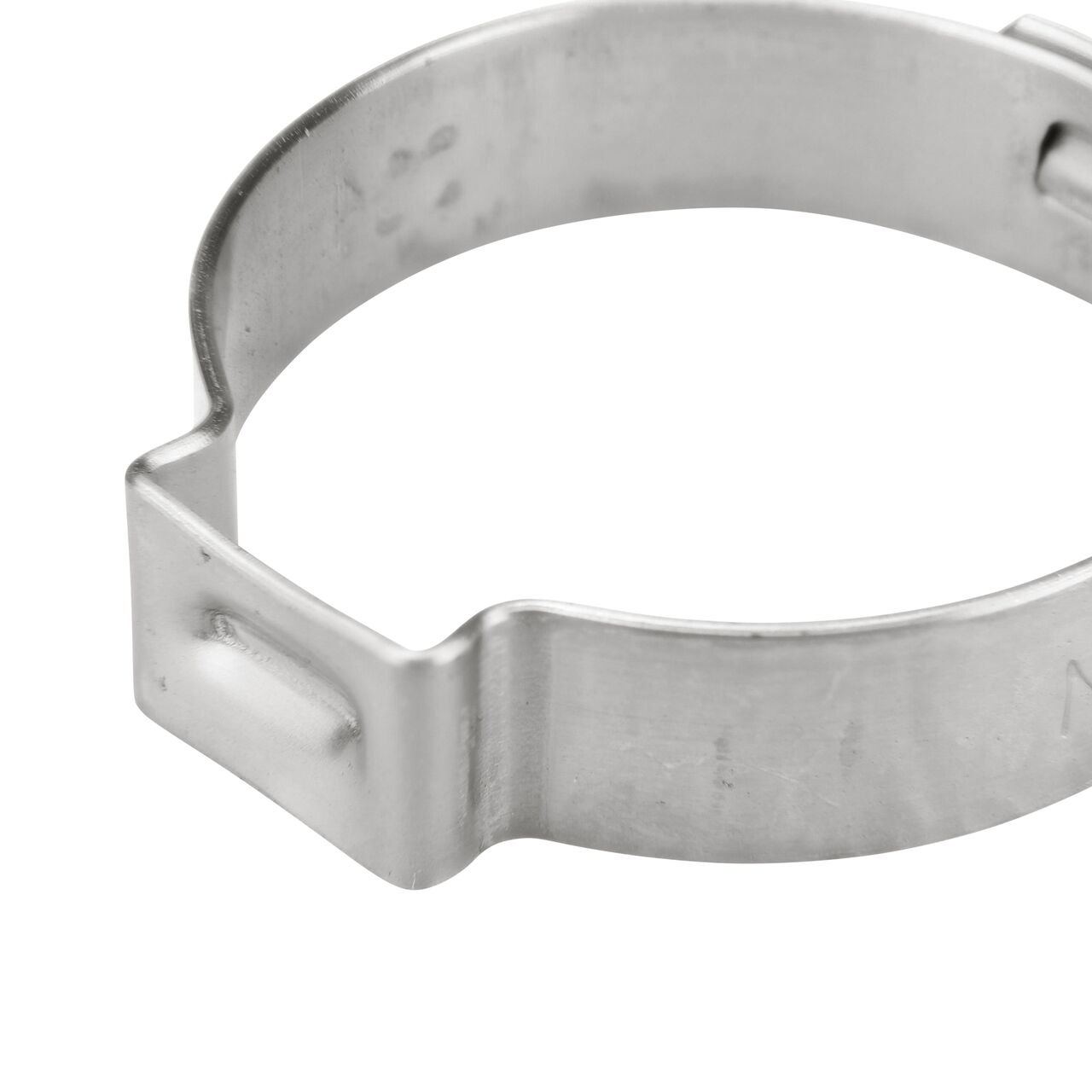Closeup of the pinch clamp ear end on the NDS 256R Stainless Steel Pinch Clamp (NDS NC155000-015) which bends to confirm a secure, permanent closure.
