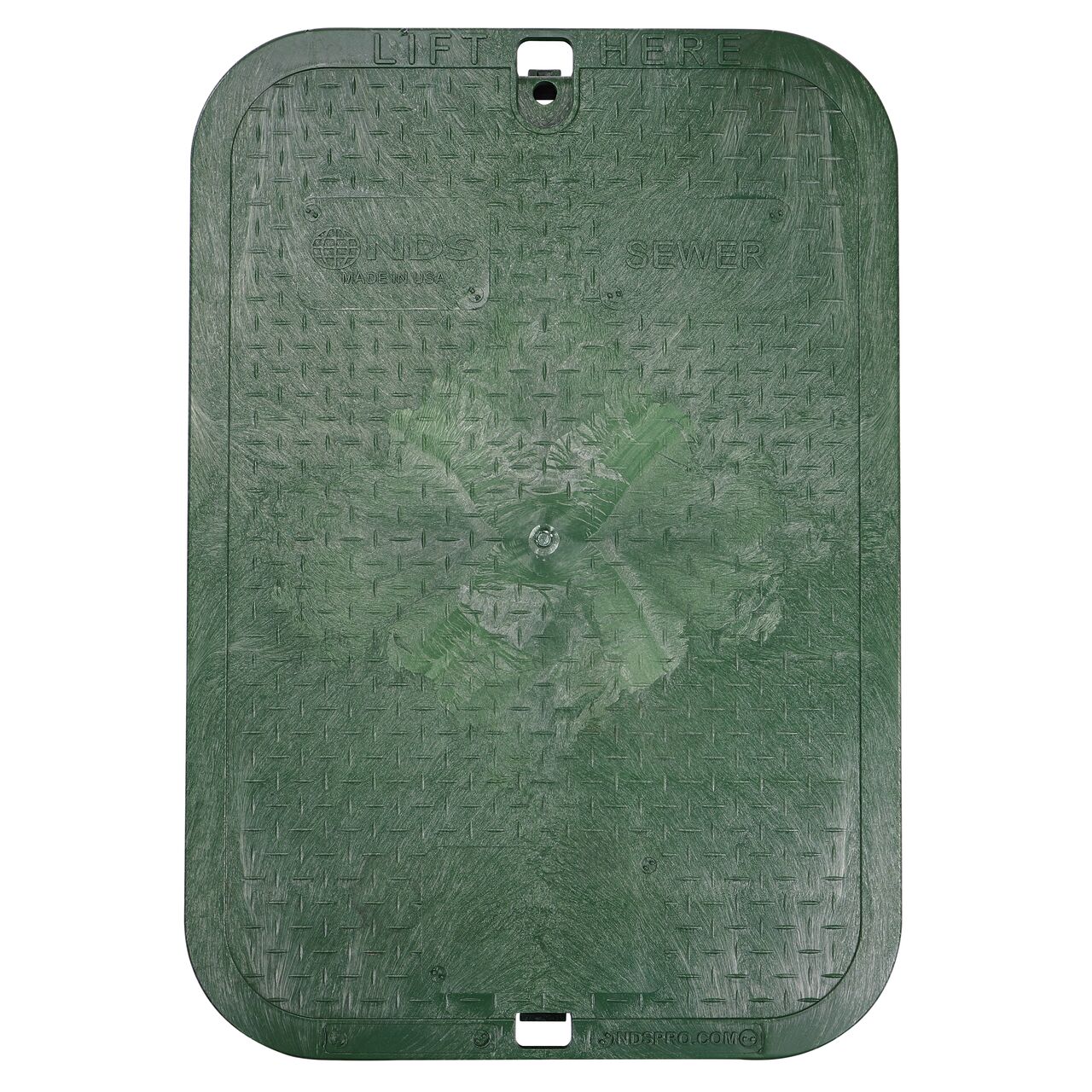 Top down view of the top side of the Green Sewer cover for the NDS 13 in. X 20 in. Rectangular Standard Series Jumbo Valve Box (NDS 118BCS) showing the Green Sewer markings