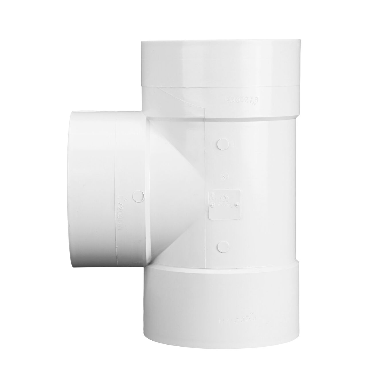 Side view of the NDS S&D Tee, connects 8 in. Sewer and Drain pipes, Hub X Hub X Hub connection (NDS 8P01) which adds a new line into your drainage system