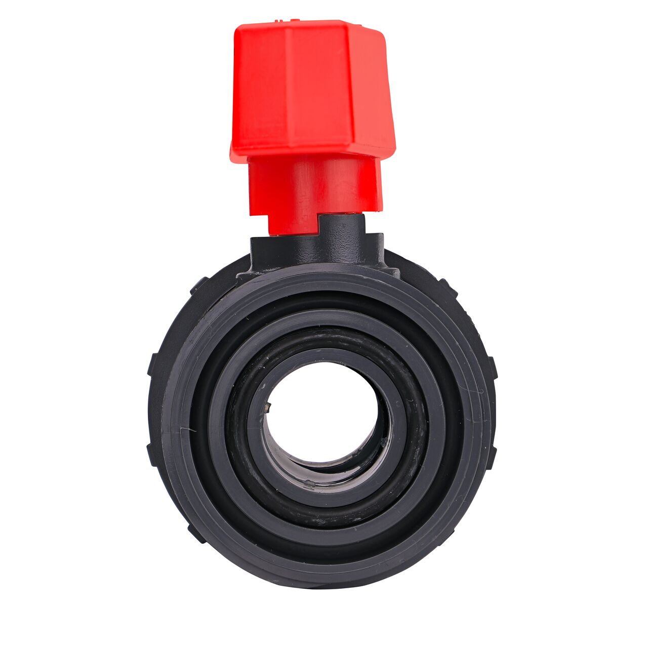 The The 1 in. PVC Slip & Threaded True Union Ball Valve shown partially unassembled includes a Teflon ball seat, EPDM O-ring, and ABS handle to be used as a one-way valve installed in pipe systems (NDS BTU-1000-E)