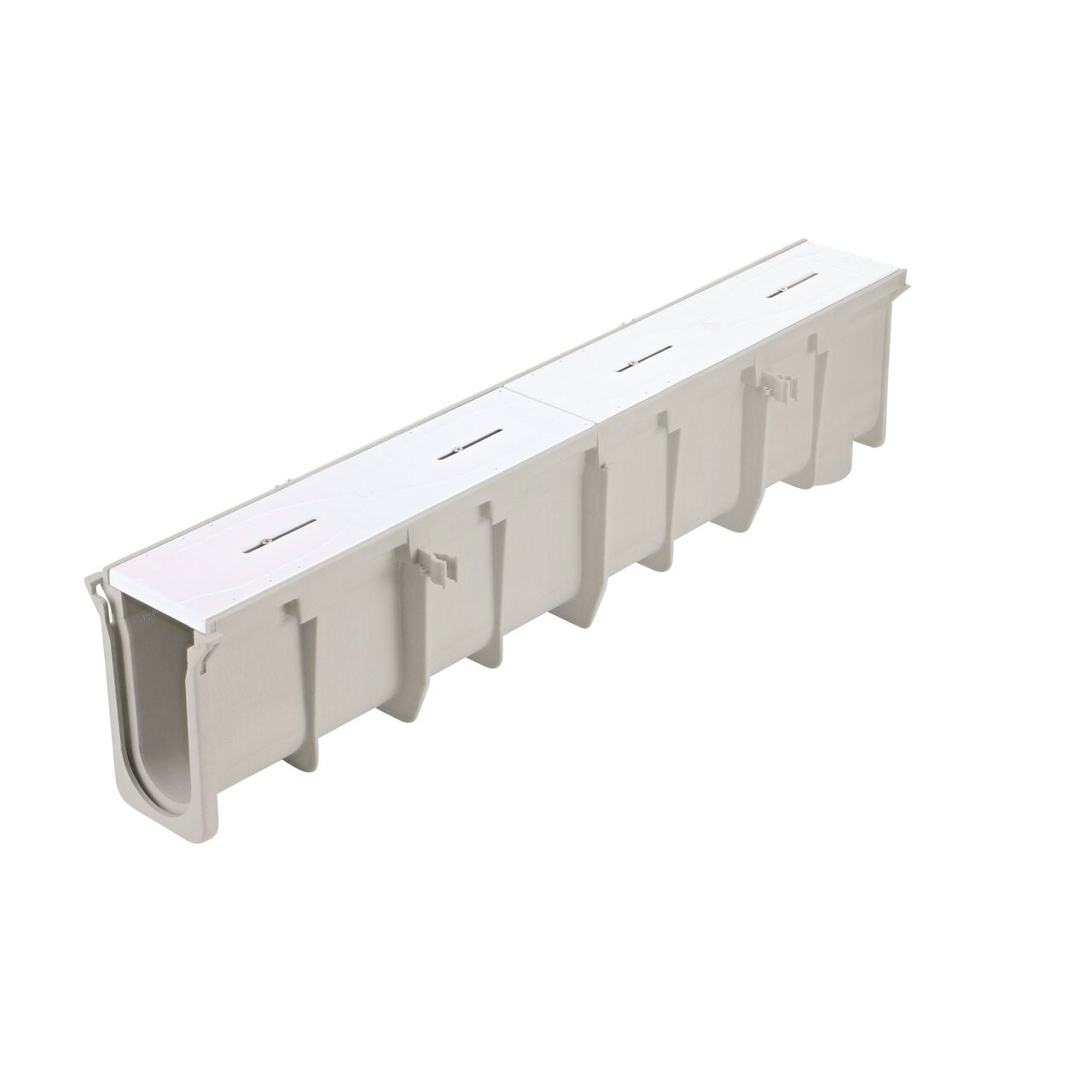 The NDS 9.37 in. Deep Neutral Dura Slope Channel (NDS DS-106N) comes with a blank grate insert pre-installed that needs to be removed before use