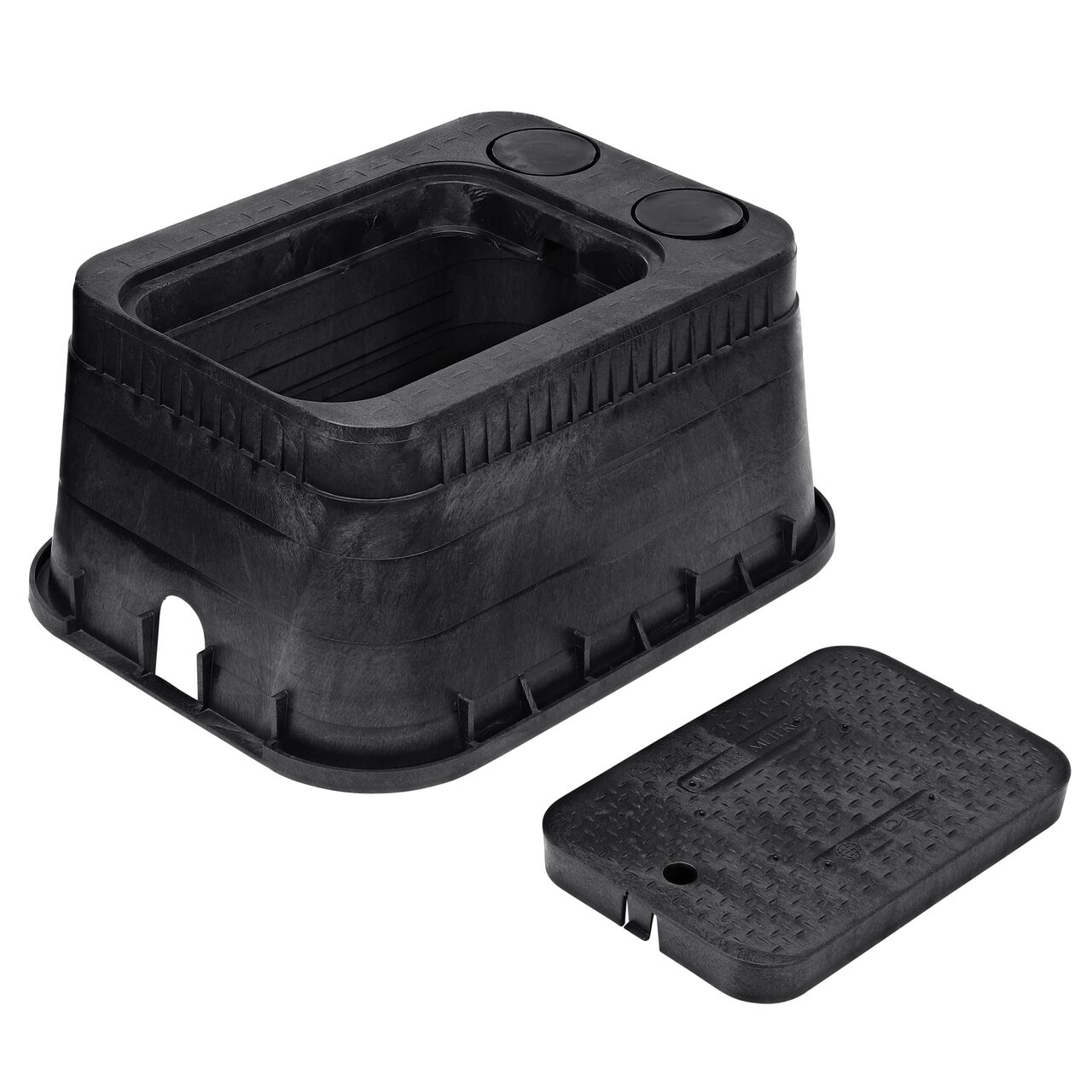 Unassembled View of the NDS 13 in. X 20 in. Rectangular AMR meter box showing single pipe slot side and Black Water Meter Overlapping AMR cover (NDS D15AMR2-DUOLSB) with extra disc slots