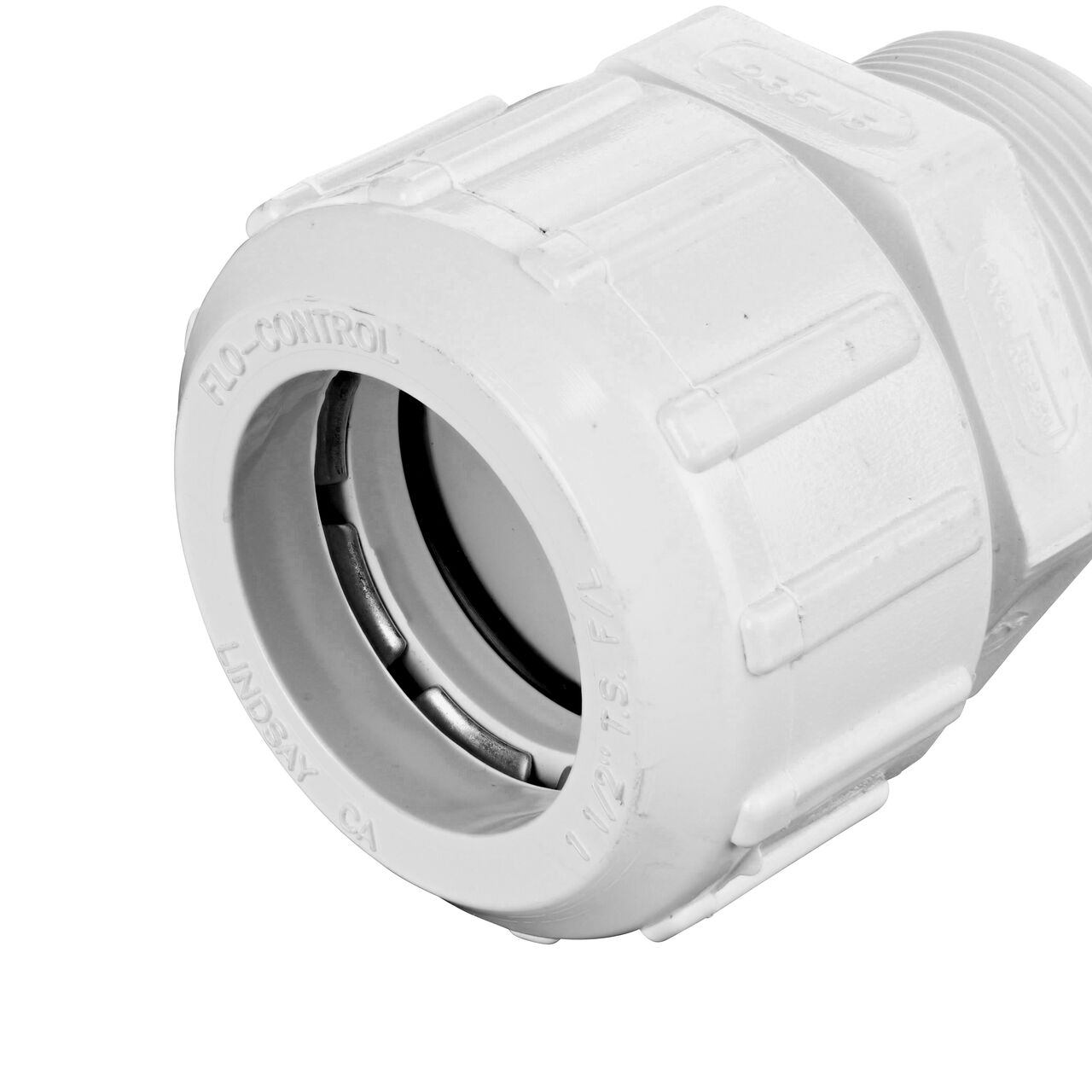 Closeup of the Flo-Lock compression end with steel gripper on the NDS 1 1/2 in. Flo-Lock™ PVC Gripper Adapter, 1-1/2 in. CTS X 1-1/2 in. CTS MPT (NDS 235-15)
