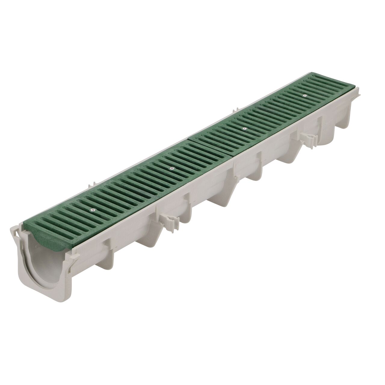 Two green plastic Dura Slope™ Channel Drain Grate (NDS 662) fits on one Dura Slope Channel Drain (NDS DS-091)