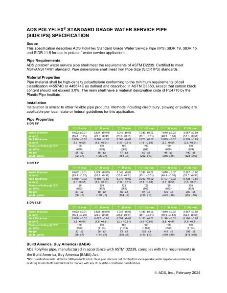 ADS PolyFlex Standard Grade Water Service Pipe (SIDR IPS) Specification
