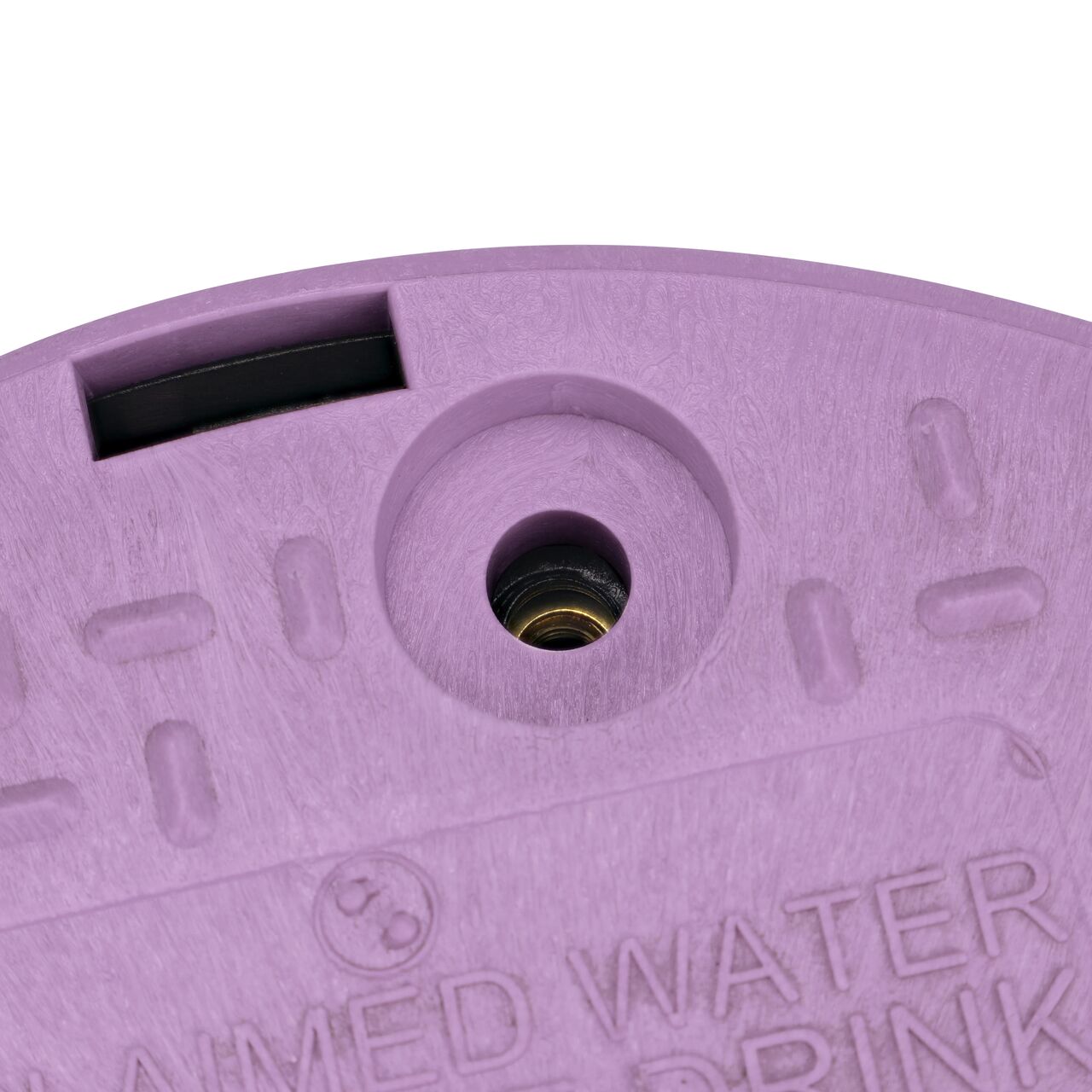 Align the bolt hole on the lid with the traditional bolt hole or the universal locking mechanism from the NDS 10 in. round standard series black box and purple reclaimed water cover (NDS 111BCR) for a secure fit