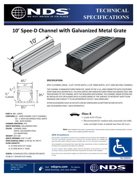 ND Spee-D® Channel Drain Assembly with Galv. Steel Grates Tech Spec