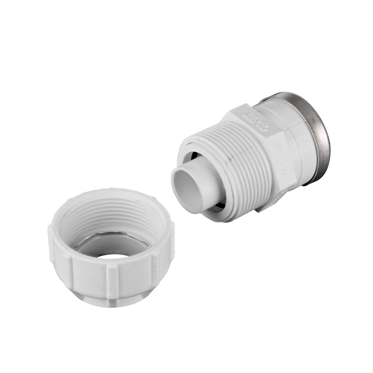 Unassembled NDS 1-1/4 in. SDR-9 CTS X 1-1/4 in. FPT Flo-Lock™ Gripper Adapter showing where the two ends come apart to secure the adapter to the pipe (NDS 731-12)