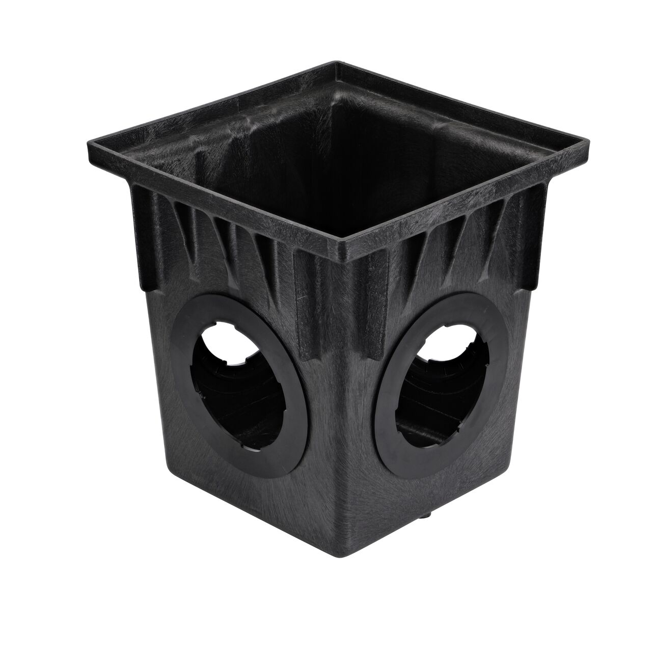 Black plastic 18 in. Square Catch Basin Drain with 4 Openings (NDS 1884) drains water away through attached pipes