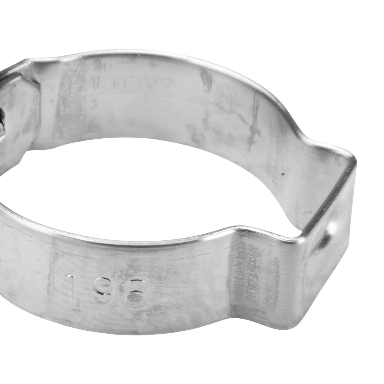 Closeup side view of the NDS 198R Stainless Steel Pinch Clamp (NDS NC-155000-011) that works with most soft hose and rigid plastic pipe to transport water and prevent leaks in pressurized systems