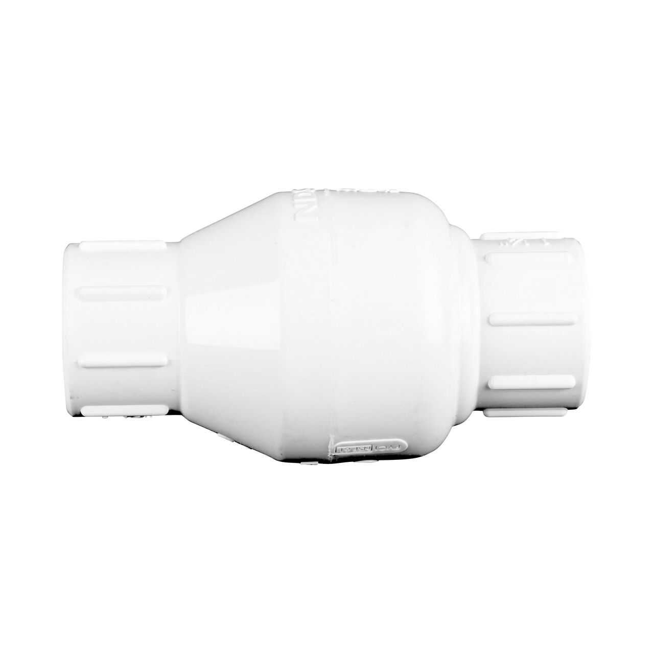 Side to side view of the NDS White 1-1/4 in. slip end by slip end PVC Spring Check Valve (NDS 1011-12, NDS 1012-12)