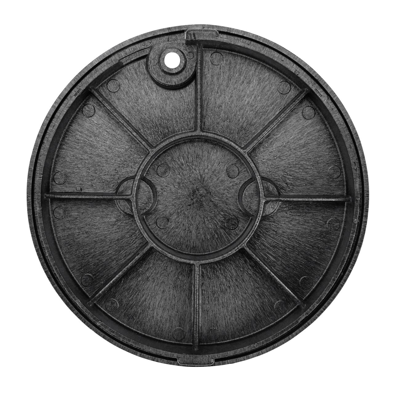 Top down view of the underside side of the Black Water cover for the NDS 10 in. Round Standard Series (NDS 111BCBW) showing reinforcing ribs that are load rated to withstand pedestrian traffic and the rigors of lawn care equipment