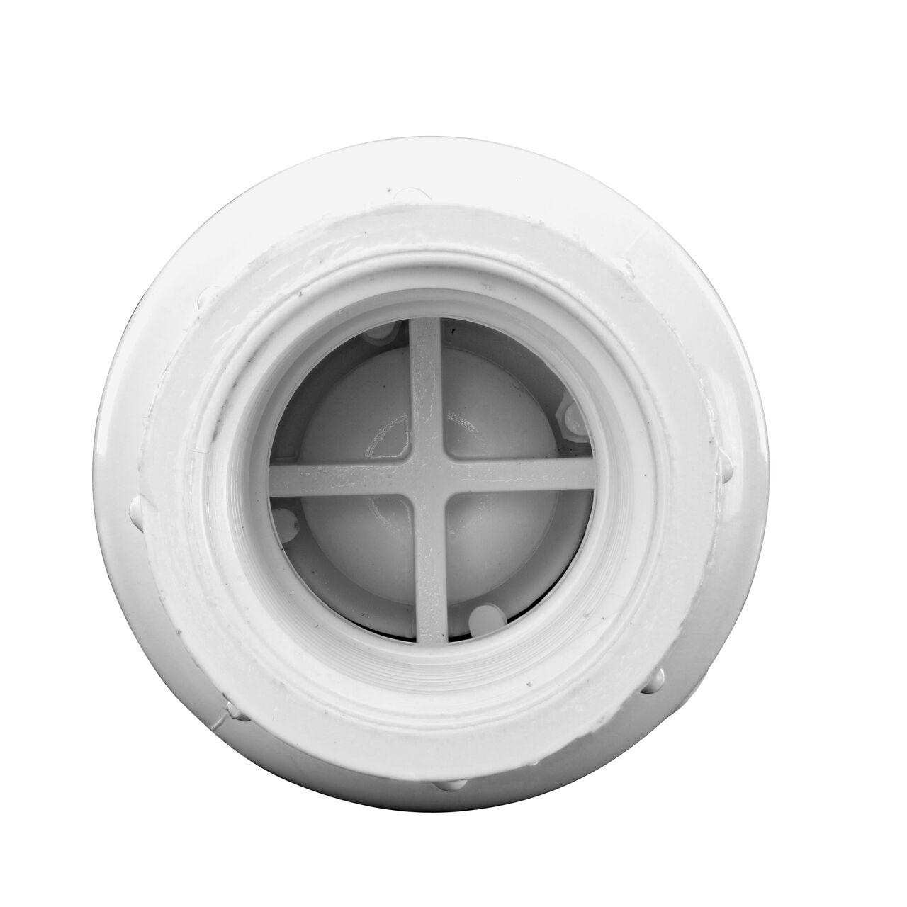 Down the Mouth view of the NDS 1 in. White PVC Spring Check Valve (NDS 1001-10, NDS 1002-10) showing the flapper