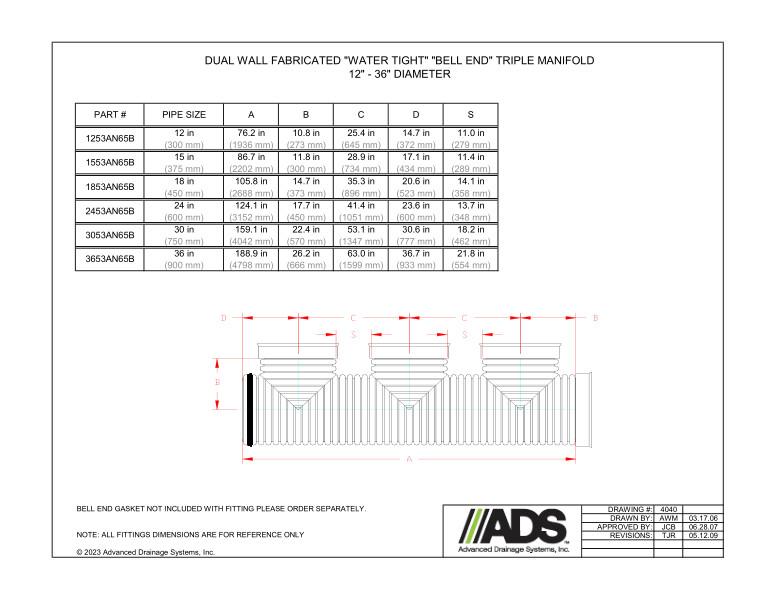 12" - 36" Fabricated Water Tight Bell End Triple Manifold (HDPE Dual Wall Fabricated Manifolds Fittings)