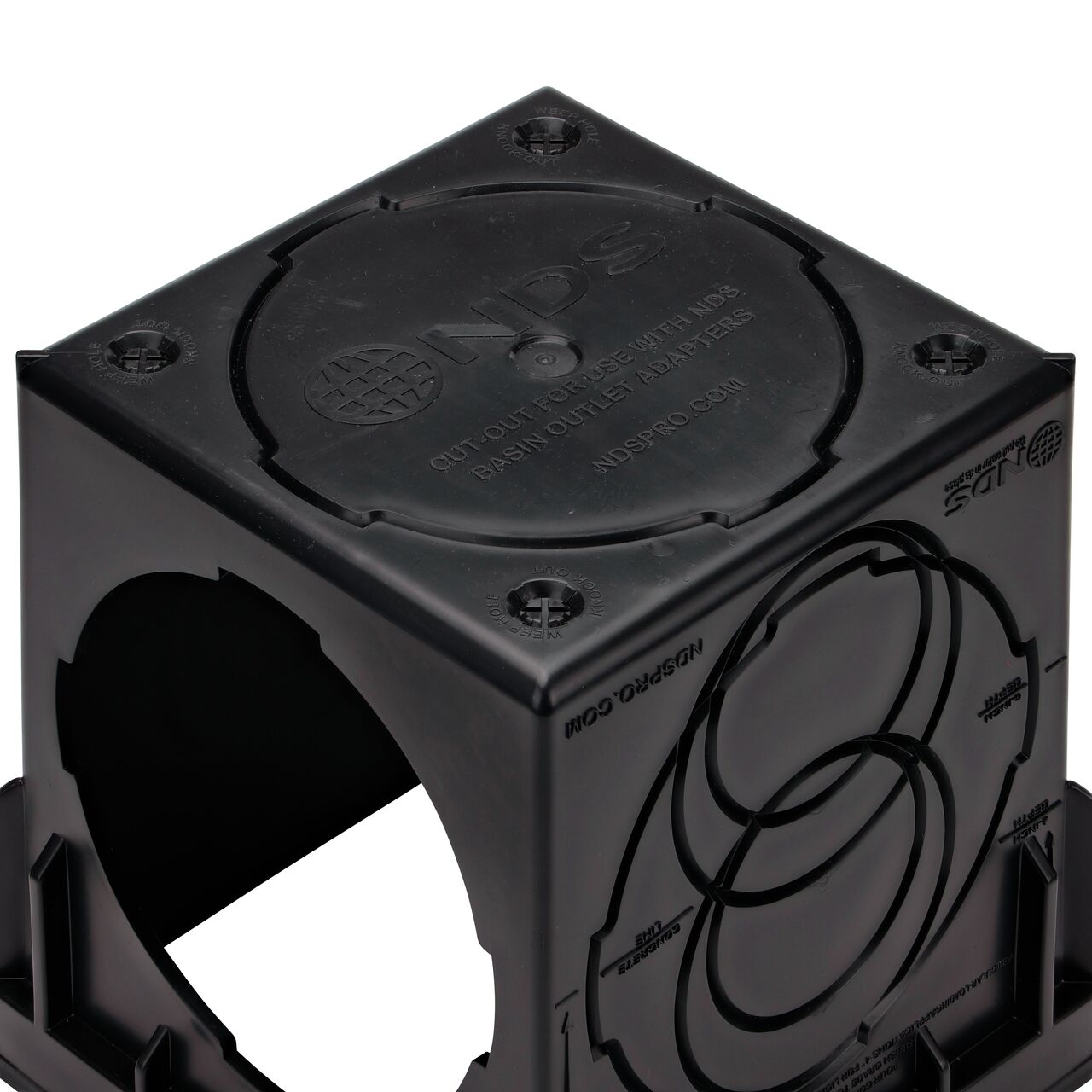 Bottom view of the NDS black plastic 9 in. Catch Basin Drain (NDS 900) which helps capture stormwater from lawns, landscaped areas, and patios