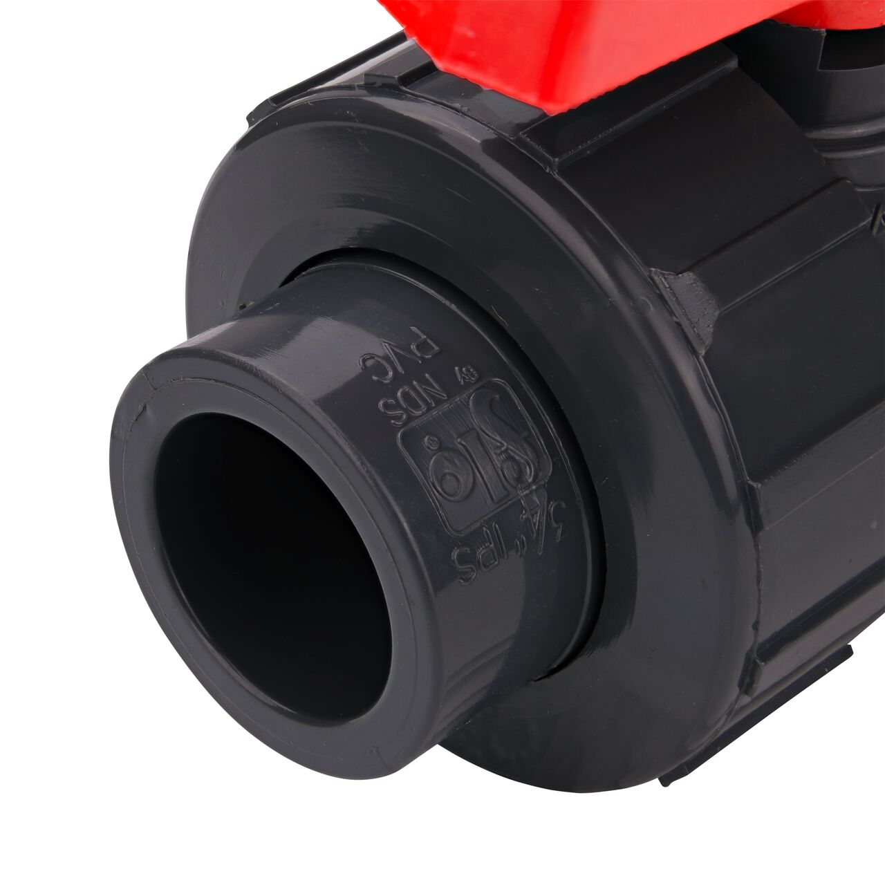 Close up view of the slip end on the 3/4 in. PVC Slip & Threaded True Union Ball Valve (NDS BTU-0750-E) and how it connects to 3/4 Schedule 80 pipe