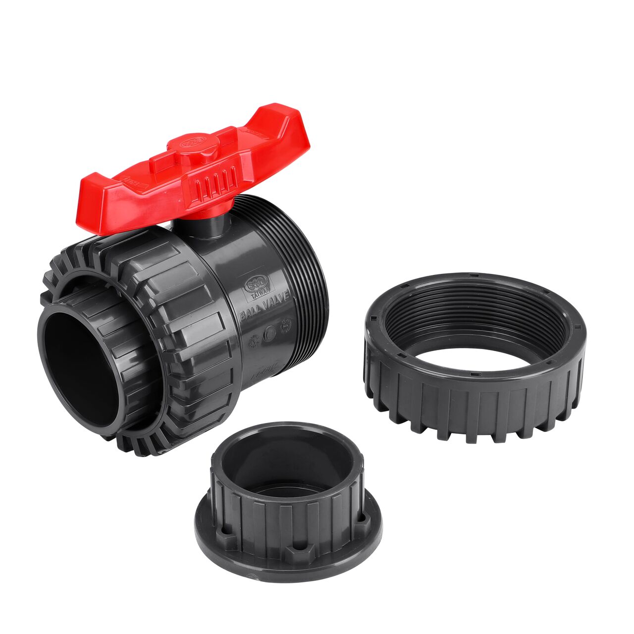 The NDS PVC True Union 3 in. Ball Valve ends unscrewed and are removable for easy irrigation maintenance (BTU-3000-SE)