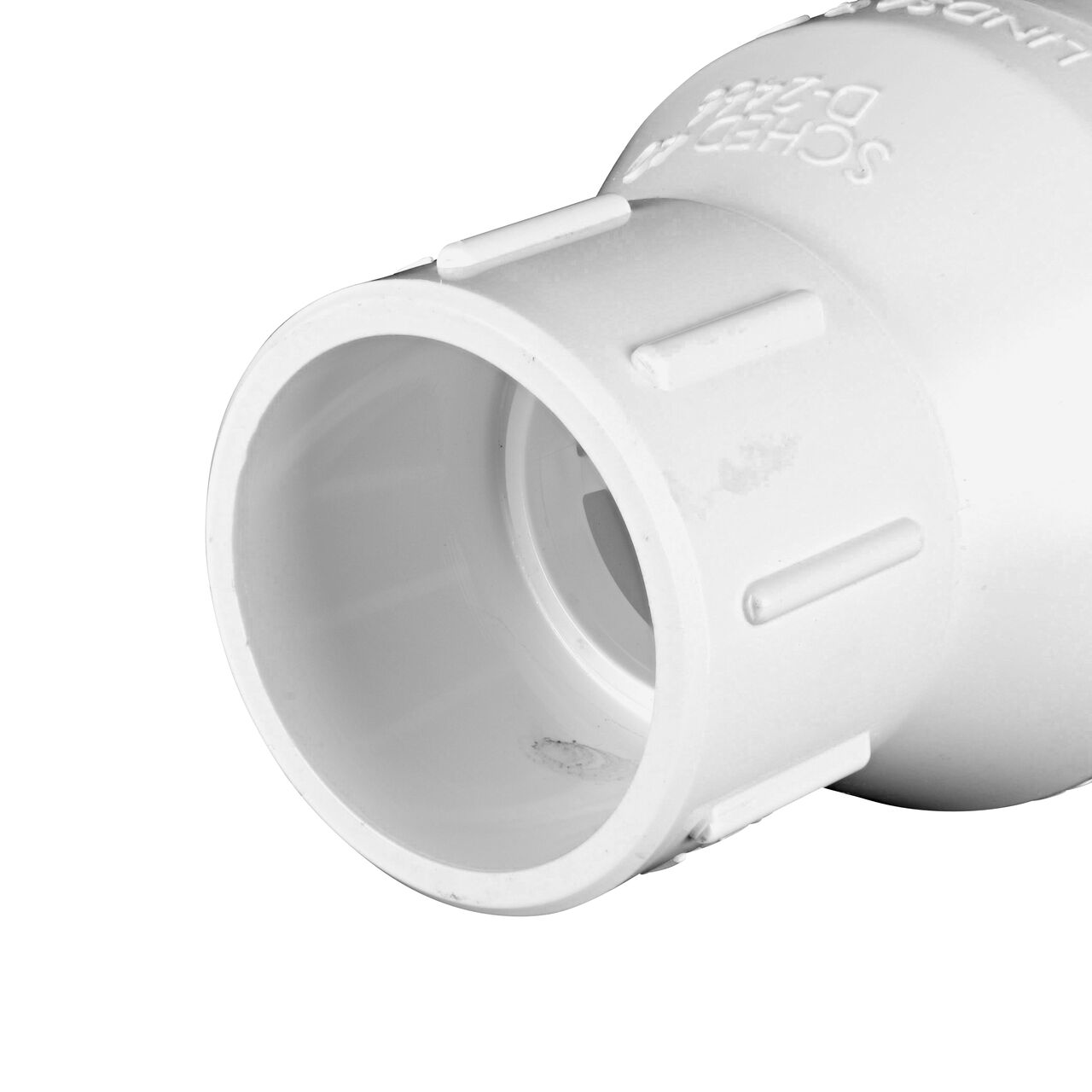 Closeup of the slip end of the NDS White 1-1/2 in. slip end by slip end PVC Spring Check Valve (NDS 1011-15, NDS 1012-15)