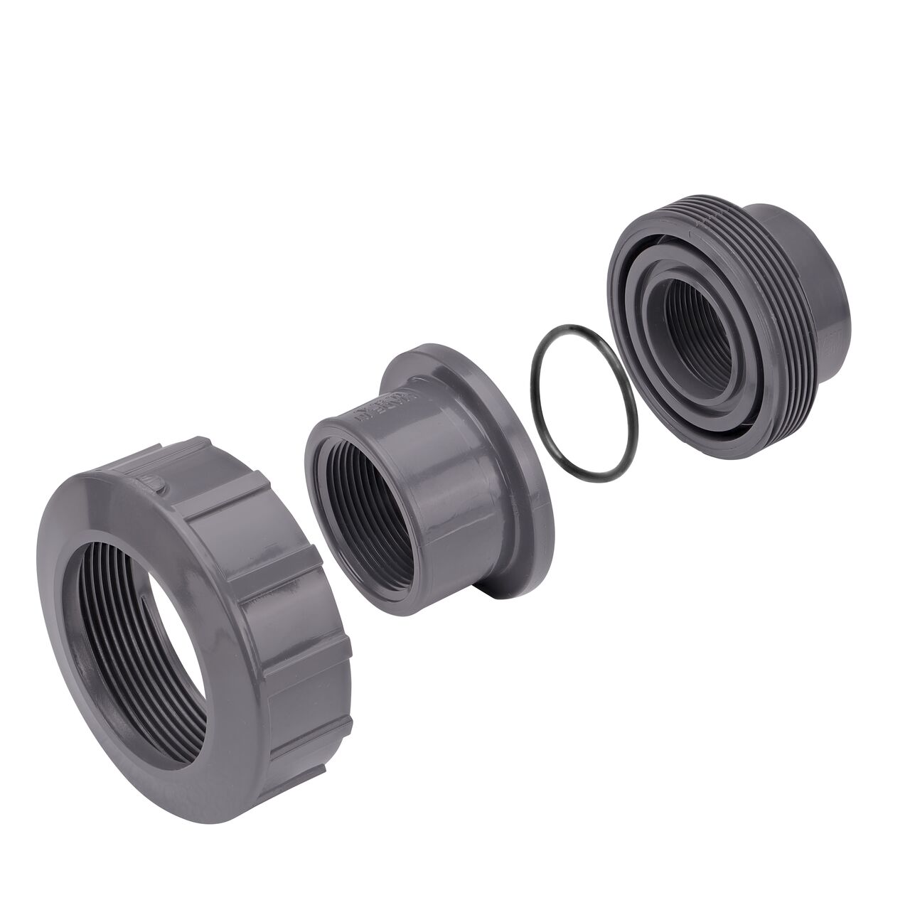 The NDS 1-1/2 in. FPT PVC Union shown here unassembled, includes the EPDM O-ring that is placed in the center of the union to create a leak-resistant seal (NDS U-1500-T)