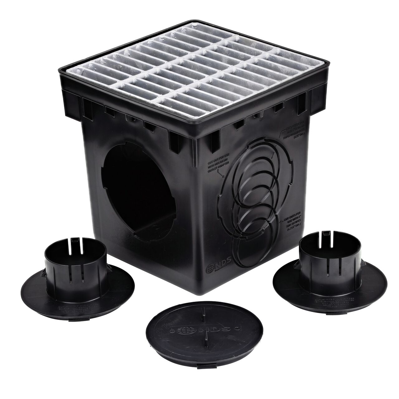 Unassembled NDS 12 in. Catch Basin Drain Kit with Galvanized Steel Grate (NDS 1200MTLKIT) includes two adapters for both outlets